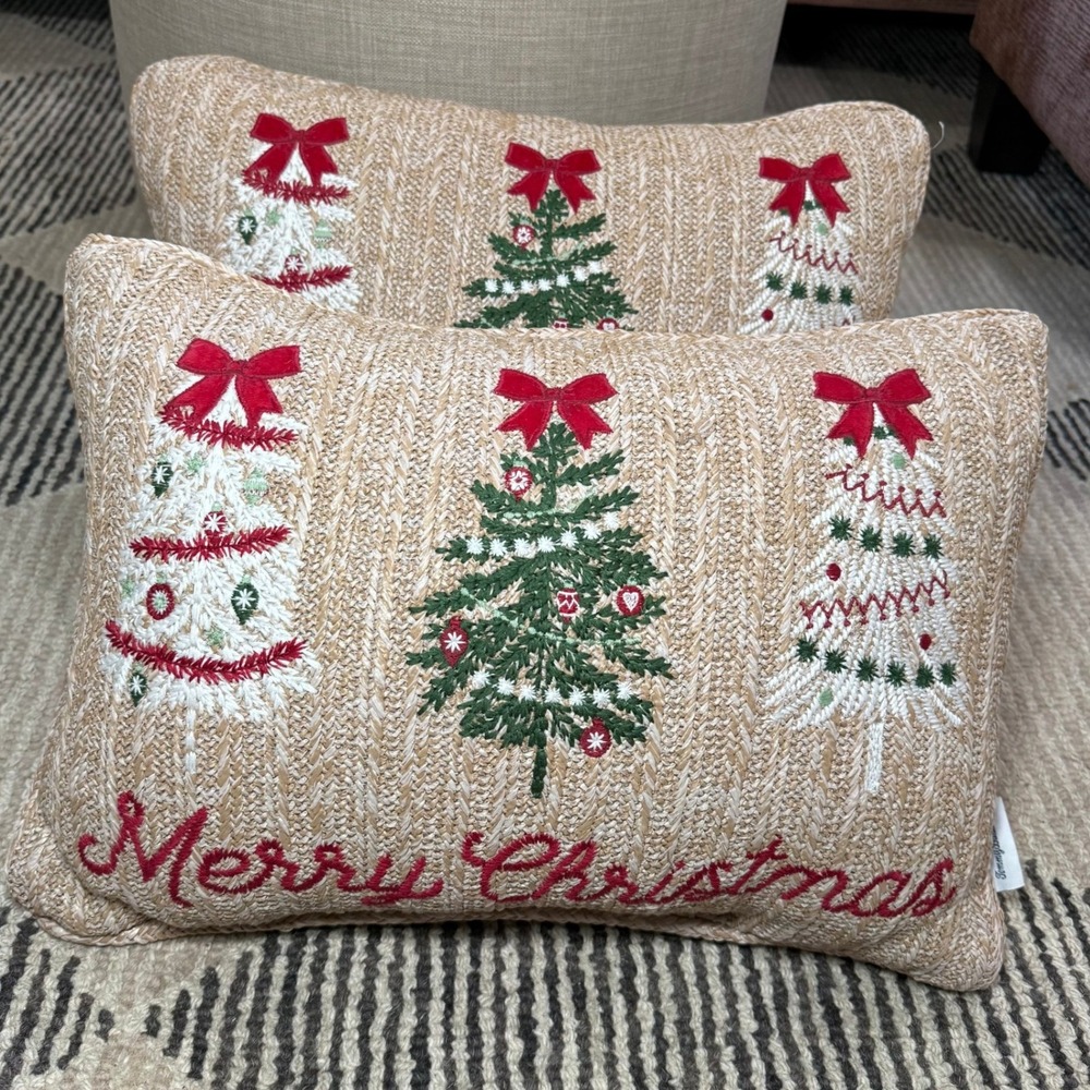 Set of 2 Christmas Tree Embroidered Woven Lumbar Throw Pillows Festive Coastal